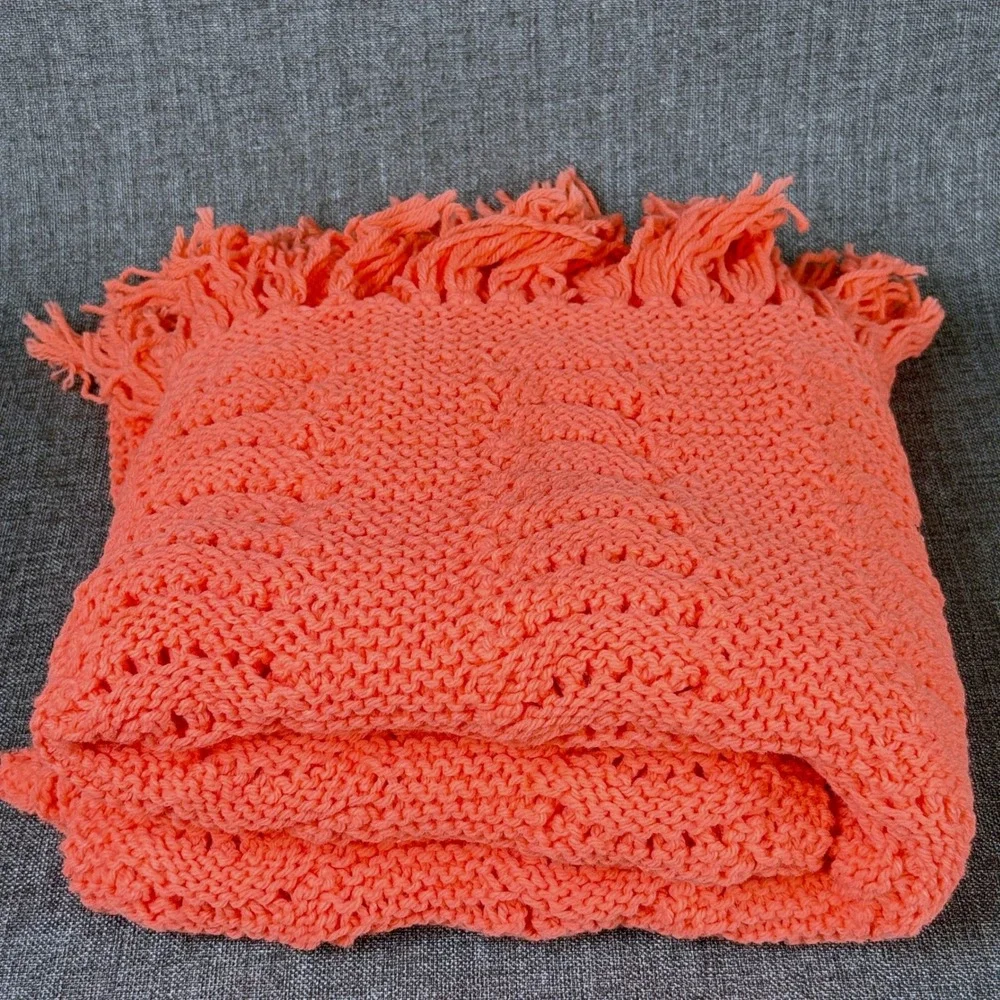 Handmade Crochet Throw Blanket Coral Pink Chevron Fringe 48